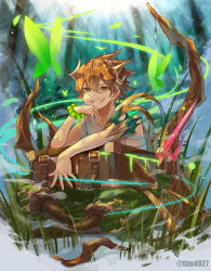1boy armband bad_anatomy bad_leg blurry blurry_background boots box bracelet brown_eyes brown_hair buckle bug bush butterfly crooked_smile crystal dappled_sunlight depth_of_field elbow_rest fairy_ring fog forest glowing glowing_butterfly grass green_pants grin hair_between_eyes hand_on_own_chin hanging headgear highres holding indian_style insect jewelry leaf leaning_forward light_rays long_bangs looking_at_viewer magic male_focus mini_person miniboy nature on_ground original outdoors pants plant plant_roots short_hair sitting sleeveless slime_(substance) smile solo spiked_hair spiral sunbeam sunlight tonbanlove twitter_username