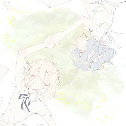 2girls arthur_c bang_dream! bang_dream!_it&#039;s_mygo!!!!! blue_hair blue_ribbon blush chinese_commentary closed_eyes commentary_request hair_ribbon highres holding_hands lying misumi_uika multiple_girls neck_ribbon on_back on_side open_mouth ribbon shirt short_hair togawa_sakiko white_ribbon white_shirt