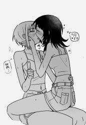2girls bang_dream! bang_dream!_it&#039;s_mygo!!!!! blush camisole closed_eyes food french_kiss greyscale half-closed_eyes hand_on_another&#039;s_waist heart highres holding holding_food holding_popsicle kiss long_hair monochrome multiple_girls popsicle short_hair shorts sitting sitting_on_lap sitting_on_person speech_bubble sweat thought_bubble xiaowu0074 yahata_umiri yuri yuutenji_nyamu