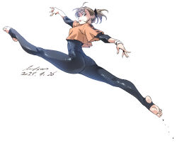 1girl artist_name ass barefoot black_bodysuit bodysuit bracelet brown_eyes brown_hair cropped_shirt dated highres jewelry jumping nabipenciller original ponytail signature simple_background skin_tight split stirrup_legwear toeless_legwear white_background
