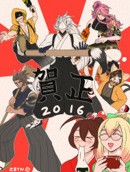 Rule 34 | &gt; &lt;, 10s, 2016, 3girls, 4boys, ahoge, animal hood, arc system works, armor, artist request, blazblue, blazblue phase 0, blonde hair, blush, brown eyes, brown hair, cat, cat hood, celica a. mercury, eyepatch, closed eyes, facial hair, fangs, glasses, green hair, hair bun, hair ornament, hakumen, hood, japanese clothes, jubei (blazblue), kimono, konoe a. mercury, long hair, mask, multiple boys, multiple girls, multiple tails, open mouth, pink hair, ponytail, shaded face, short hair, single hair bun, smile, spiked hair, tail, teeth, trinity glassfield, valkenhayn r hellsing, very long hair, white hair, yellow eyes, aged down, yuuki terumi
