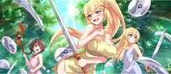 3girls ahoge ass blonde_hair blue_eyes blue_sky blush braid breasts brown_hair cleavage darkness_(konosuba) day fighting_stance from_below game_cg hand_on_own_chest highres holding holding_staff holding_sword holding_weapon iris_(konosuba) kono_subarashii_sekai_ni_shukufuku_wo! konosuba!_fantastic_days large_breasts long_braid long_hair megumin multiple_girls naked_towel nature official_art open_mouth orb outdoors red_eyes short_hair_with_long_locks single_braid sky slime_(creature) small_breasts staff sun sword third-party_source towel tree weapon