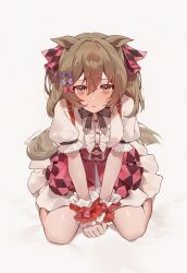 1girl :&lt; absurdres animal_ears blush bow bowtie breasts brown_hair center_frills clenched_hands closed_mouth ears_down frills full_body furrowed_brow hair_bow highres horse_ears horse_girl horse_tail layered_skirt looking_at_viewer medium_hair pink_skirt puffy_short_sleeves puffy_sleeves shirt short_hair short_sleeves sitting skirt small_breasts smart_falcon_(umamusume) solo suspender_skirt suspenders tail twintails twitter_username umamusume wariza white_shirt wrist_cuffs yellow_eyes yogukasu