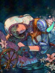 1girl 51gou black_gloves blonde_hair final_fantasy final_fantasy_xiv fingerless_gloves flower gloves highres hood hood_up lily_(flower) looking_at_viewer lying nymeia on_side parted_lips pink_eyes short_hair solo upper_body water wheel white_flower