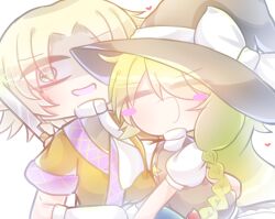 2girls black_hat blonde_hair blush_stickers bow braid brown_shirt closed_eyes commentary_request cookie_(touhou) green_eyes harukuru0620 hat hat_bow heart holding holding_knife hug joker_(cookie) kirisame_marisa knife looking_at_viewer mizuhashi_parsee multiple_girls open_mouth scared scarf shaded_face shirt short_hair short_sleeves side_braid single_braid smile star_(symbol) suzu_(cookie) upper_body white_bow white_scarf witch_hat