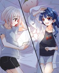 Rule 34 | 2girls, :d, black shirt, black shorts, blue eyes, blue hair, bob cut, closed mouth, colored inner hair, commentary request, diagonal bangs, dollchestra, earphones, grey hair, grey shirt, half updo, highres, holding, holding phone, inverted bob, jacket, kanduki kamibukuro, link! like! love live!, love live!, lying, mole, mole on neck, multicolored hair, multiple girls, murano sayaka, on back, on bed, on side, open clothes, open jacket, open mouth, phone, profile, red hair, shirt, short hair, short sleeves, shorts, smile, streaked hair, t-shirt, three-quarter sleeves, virtual youtuber, white jacket, white shirt, white shorts, yugiri tsuzuri