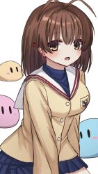 Rule 34 | 1girl, absurdres, antenna hair, blazer, blue skirt, blush, breasts, brown eyes, brown hair, clannad, commentary request, cowboy shot, dango daikazoku, furukawa nagisa, hair ornament, hairclip, highres, hikarizaka private high school uniform, jacket, looking at viewer, mahigu re, medium breasts, medium hair, miniskirt, open mouth, pleated skirt, sailor collar, school uniform, serafuku, simple background, skirt, smile, solo, straight hair, white background, white sailor collar, yellow jacket