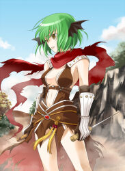 1girl armor assassin_cross_(ragnarok_online) black_wings blue_sky breasts brown_cape brown_gloves brown_leotard cape cloud commentary_request cowboy_shot day dual_wielding expressionless gloves green_hair head_wings holding ice_pick leotard looking_afar medium_breasts outdoors parted_lips pauldrons ragnarok_online red_scarf reverse_grip scarf shiikasan short_hair shoulder_armor sky solo torn_cape torn_clothes torn_scarf vambraces waist_cape wings yellow_eyes