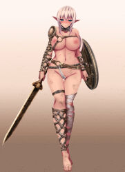 1girl absurdres akina_t blue_eyes blush breasts dirty dirty_face dirty_feet female_focus full_body highres large_breasts long_hair looking_at_viewer nipples shield simple_background solo standing sword warrior weapon white_hair