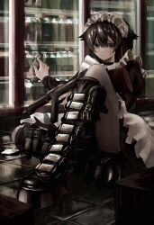 1girl apron black_boots black_choker black_dress black_hair boot_straps boots choker closed_mouth commentary convenience_store dress finger_on_trigger frilled_apron frills glass_door_refrigerator grey_eyes gun highres holding holding_gun holding_weapon indoors juliet_sleeves knee_boots knee_up long_hair long_sleeves looking_at_viewer maid maid_headdress on_floor original pointing puffy_sleeves reflection scenery senakira shop sitting solo tactical_maid unconventional_maid weapon weapon_request white_apron