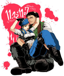 1boy 1girl beard_stubble beret black_boots black_gloves black_hair blonde_hair blue_hat blue_pants boots chris_redfield facial_hair fingerless_gloves gloves hat jill_valentine knee_pads long_hair pants ponytail resident_evil sakura3914 shirt shoulder_pads sitting stubble white_background