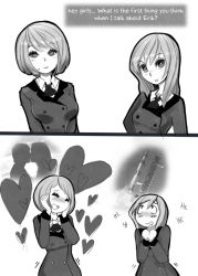 2girls 2koma blush breasts comic english_text female_pervert greyscale hand_on_own_face heart imagining kiss looking_up medium_breasts missing_stars monochrome multiple_girls natalya_holm natasha_holm own_hands_together pervert rocket school_uniform sho-n-d siblings sisters smile twins