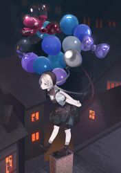 1girl absurdres amedama_ameme balloon balloon_animal balloon_party beret black_boots black_bow black_bowtie black_hat black_shorts black_skirt boots bow bowtie braid chimney facial_mark forehead_mark full_body grey_eyes grey_hair grey_socks hat highres holding holding_balloon house leaning_forward long_hair looking_at_viewer low_twin_braids night outdoors overall_skirt pale_skin reverse:1999 shirt short_sleeves shorts shorts_under_skirt skirt smile socks solo sparkle_facial_mark standing standing_on_one_leg tile_roof too_many_balloons twin_braids white_shirt