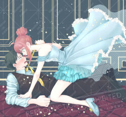 Rule 34 | 1boy, 1girl, aged down, alternate hairstyle, anya (spy x family), artist collaboration, bare shoulders, black hair, black pantyhose, black vest, blue dress, blue shoes, commentary request, damian desmond, dress, frilled dress, frills, hair bun, mii (mithnai), minagawa emu, pantyhose, pink hair, shoes, single hair bun, spy x family, vest, watermark