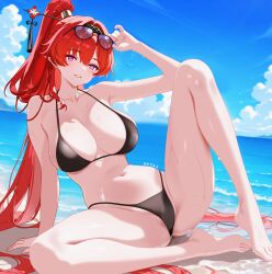 1girl armpit_peek artist_name barefoot beach bikini black_bikini black_hairband blue_sky breasts collarbone eyebrows_hidden_by_hair eyes_visible_through_hair eyewear_on_head facial_mark facing_viewer hair_elastic hair_ornament hairband hand_on_ground high_ponytail highres knee_up large_breasts long_hair looking_at_viewer mole mole_under_eye navel ocean on_ground pointy_ears ponytail purple_eyes red_hair shiny_skin sky smile solo spread_legs sunglasses swimsuit teeth very_long_hair weitaming_c wet wuthering_waves yinlin_(wuthering_waves)