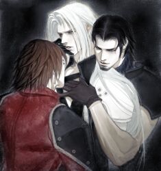 3boys absurdres angeal_hewley armor black_background black_coat black_facial_hair black_gloves black_hair blue_eyes blue_sweater boy_sandwich brown_hair chest_strap coat commentary crisis_core_final_fantasy_vii english_commentary facial_hair final_fantasy final_fantasy_vii genesis_rhapsodos gloves green_eyes hair_intakes hand_on_another&#039;s_chest hand_on_another&#039;s_face hand_under_clothes highres long_hair looking_at_another looking_down male_focus multiple_boys muscular muscular_male parted_bangs parted_lips pauldrons red_coat sandwiched sephiroth shoulder_armor shyuuwei sweater turtleneck turtleneck_sweater upper_body very_long_hair white_hair yaoi