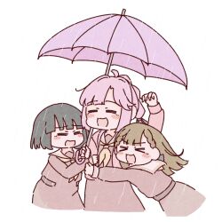 &gt;_&lt; 3girls :3 :d ahoge amano_tatsu anyoji_hime black_hair blunt_bangs blunt_ends blush bob_cut braid brown_dress brown_hair center-flap_bangs commentary_request dress highres holding holding_umbrella kachimachi_kosuzu link!_like!_love_live! long_hair love_live! momose_ginko multi-tied_hair multiple_girls neckerchief open_mouth pink_umbrella ponytail sailor_collar sailor_dress shared_umbrella short_hair side_braids simple_background smile umbrella virtual_youtuber white_background white_sailor_collar winter_uniform x3 xd yellow_neckerchief