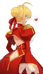 Rule 34 | 1girl, ahoge, ass, blonde hair, blush, braid, breasts, butt crack, dress, epaulettes, fate/extra, fate (series), green eyes, gurenola, hair bun, hair intakes, hair ribbon, large breasts, long sleeves, looking at viewer, nero claudius (fate), nero claudius (fate/extra), open mouth, red dress, ribbon, short hair, smile, solo