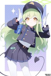 1girl absurdres black_hat black_skirt blue_archive blush closed_mouth dandan_(uaee4742) demon_tail gloves green_hair hands_up hat highres hikari_(blue_archive) long_hair looking_at_viewer pantyhose skirt standing tail white_gloves white_pantyhose yellow_eyes