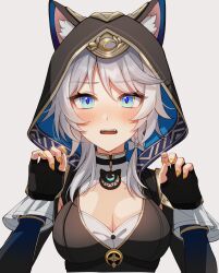 1girl animal_ear_fluff animal_ears blue_eyes blush breasts cat_ears cipher_(honkai:_star_rail) cleavage fingerless_gloves gloves grey_background grey_hair highres honkai:_star_rail honkai_(series) hood medium_breasts mole mole_on_chest pochimaru_(marumaru_wanwan) yellow_nails