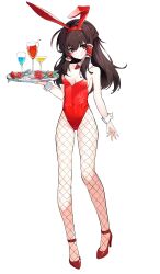 1girl alternate_costume alternate_hairstyle animal_ear_hairband animal_ears bow bowtie braid breasts brown_hair cherry closed_mouth commentary commentary_request covered_navel cup drinking_glass english_commentary fake_animal_ears fishnet_pantyhose fishnets flower food frilled_hair_tubes frills fruit hair_tubes hairband hakurei_reimu high_heels highres holding holding_tray kinamielise leotard long_hair looking_at_viewer mixed-language_commentary pantyhose playboy_bunny psd_available rabbit_ear_hairband rabbit_ears red_bow red_bowtie red_eyes red_flower red_leotard red_rose red_shoes rose shoes smile strapless strapless_leotard strawberry tachi-e touhou traditional_bowtie transparent_background tray wrist_cuffs