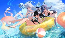 4girls absurdres alternate_costume alternate_hairstyle ball barefoot beachball bikini bird black_bikini black_hair blank_eyes blue_archive blue_shorts blunt_bangs blush braid breasts cleavage cthlo duck frilled_bikini frills highres koyuki_(blue_archive) large_breasts long_hair looking_at_viewer multiple_girls noa_(blue_archive) ocean open_mouth pink_hair ponytail purple_eyes purple_hair red_eyes rio_(blue_archive) robot shorts sidelocks swim_ring swimsuit twin_braids twintails white_bikini white_hair yuuka_(blue_archive)