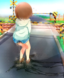 Rule 34 | 1girl, 22m, aqua sweater, blue shorts, blue sky, brown hair, brown shoes, day, female focus, fence, flying sweatdrops, from behind, full body, grass, grey socks, highres, hood, hoodie, japanese text, kneepits, long sleeves, original, outdoors, peeing, peeing self, puddle, railroad crossing, railroad tracks, road, shoes, short hair, short shorts, shorts, sky, socks, solo, standing, sweater, translation request, wet, wet clothes