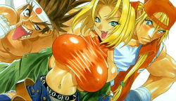 Rule 34 | 1990s (style), 1girl, 2boys, backwards hat, bare shoulders, baseball cap, belt, blonde hair, blue mary, breasts, covered erect nipples, earrings, fang, fatal fury, gamest, green eyes, hachimaki, halterneck, hat, headband, jacket, jewelry, joe higashi, kotobuki tsukasa, large breasts, lipstick, makeup, midriff, multiple boys, navel, navel piercing, neo geo, non-web source, official art, panties, piercing, retro artstyle, short hair, snk, terry bogard, the king of fighters, tongue, torn clothes, tsukasa kotobuki (artist), underwear, undressing