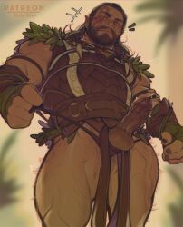 +++ 1boy ^^^ absurdres armor baldur&#039;s_gate baldur&#039;s_gate_3 bara beard closed_mouth dungeons_&amp;_dragons dungeons_&amp;_dragons erection facial_hair facial_mark from_below halsin highres holo_eden looking_at_viewer looking_down male_focus notice_lines patreon_username penis testicles veins veiny_penis