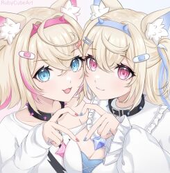 animal_ear_fluff animal_ears bandaid bandaid_hair_ornament blonde_hair blue_eyes blue_hair blue_nails breasts cleavage closed_mouth collarbone dog_ears dog_girl four-finger_heart_hands fuwawa_abyssgard fuwawa_abyssgard_(1st_costume) hair_between_eyes hair_intakes hair_ornament hairclip heart heart_hands highres hololive hololive_english horn_hairband large_breasts light_blush long_hair long_sleeves looking_at_viewer medium_breasts mococo_abyssgard mococo_abyssgard_(1st_costume) multicolored_hair off-shoulder_shirt off_shoulder open_mouth parallel_hairclips pink_eyes pink_hair pink_nails rubycube shirt short_hair siblings simple_background sisters smile twins virtual_youtuber white_background white_shirt x_hair_ornament