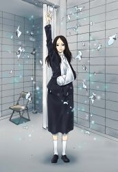 1girl absurdres arm_sling arm_up black_jacket black_shoes black_skirt brown_eyes brown_hair cast chair closed_mouth collared_shirt commentary_request curtains falling_paper folding_chair full_body highres indoors iwaya_akira jacket light_particles loafers long_hair long_skirt long_sleeves looking_at_viewer open_collar paper parted_bangs shadow shirt shoes shower_(place) shower_head skirt socks solo spec standing torn_paper touma_saya white_shirt white_socks