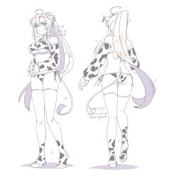 1girl ahoge alternate_costume animal_collar animal_ears animal_print ass bare_shoulders bell bikini breasts closed_mouth collar cow_ears cow_girl cow_horns cow_print cow_print_bikini cow_print_gloves cow_print_thighhighs cow_tail cowbell dated ear_tag elbow_gloves from_behind full_body genderswap genderswap_(mtf) gloves greyscale highres horns kemonomimi_mode kimako_(kimako_8) large_breasts long_hair long_sleeves looking_at_viewer modao_zushi monochrome multiple_views neck_bell no_shoes own_hands_together ponytail print_bikini print_gloves print_thighhighs reference_sheet side-tie_bikini_bottom sidelocks simple_background sparkle spot_color standing stirrup_legwear swimsuit tail thighhighs toeless_legwear twitter_username very_long_hair wei_wuxian white_background