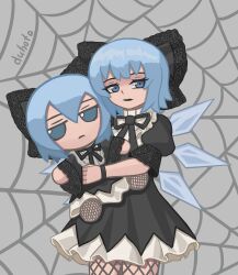 1girl absurdres black_bow black_dress blue_eyes blue_hair bow cirno detached_wings dress duhota fairy fishnets frilled_dress frills fumo_(doll) goth_fashion gothic_lolita hair_bow highres holding holding_stuffed_toy lolita_fashion simple_background stuffed_toy touhou wings wristband