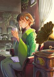 1girl absurdres antique_phone brown_hair chair closed_eyes coffee curtains day eyelashes green_kimono hair_ornament hair_stick highres indoors japanese_clothes kimono original ota_tamashi phone phonograph rotary_phone sitting solo steam