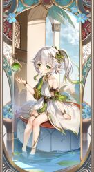 1girl absurdres alternate_costume barefoot blue_flower bracelet clothing_request cloud collarbone commentary cross-shaped_pupils flower full_body genshin_impact gold_trim green_eyes green_hair guzangnanfeng hair_between_eyes hand_up highres jewelry light_blush long_hair looking_at_viewer multicolored_hair nahida_(genshin_impact) outdoors pointy_ears side_ponytail single_bare_shoulder sitting smile solo star_(symbol) streaked_hair symbol-shaped_pupils thighlet toe_dipping toes white_hair