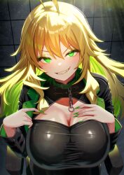 1girl against_wall ahoge alternate_breast_size black_jacket black_tube_top blonde_hair breasts cleavage cleavage_cutout clothing_cutout colored_inner_hair commission from_above glowing glowing_eyes green_eyes green_hair grin highres hoshii_miki idolmaster jacket large_breasts long_hair looking_at_viewer multicolored_hair nail_polish portrait shizuru_(daikoukaizidai) skeb_commission smile solo strapless tube_top