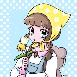 Rule 34 | 1girl, animal bag, backpack, bag, bear bag, blue eyes, blue overalls, braid, brooch, brown hair, dandelion, dandelion clock, dandelion seed, eyelashes, flower, fujishima moyu, headscarf, highres, holding, holding flower, jewelry, long hair, long sleeves, looking at viewer, original, overalls, parted lips, polka dot, solo, twin braids, upper body, yellow headscarf