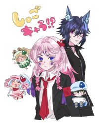 2boys 3girls animal_ears bat_ears black_hair black_jacket black_sweater blue_eyes blue_hair chinchilla_ears chinchilla_girl citlali_(genshin_impact) cocotsuko1204 cosplay dress genshin_impact grandmother_and_grandson green_dress hair_between_eyes heterochromia highres hinamori_amu hinamori_amu_(cosplay) jacket kachina_(genshin_impact) kinich_(genshin_impact) long_hair looking_at_viewer mualani_(genshin_impact) multiple_boys multiple_girls ororon_(genshin_impact) parody pink_dress pink_hair pink_pupils pom_pom_(cheerleading) purple_hair ran_(shugo_chara!) ran_(shugo_chara!)_(cosplay) school_uniform shugo_chara! sweater