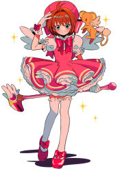1girl antenna_hair arm_behind_back blush bow brown_hair cardcaptor_sakura closed_mouth commentary dot_nose dress frilled_dress frilled_sleeves frilled_thighhighs frills full_body fuuin_no_tsue glove_bow gloves green_eyes hair_intakes hand_on_own_head hat holding holding_wand kero_(cardcaptor_sakura) kinomoto_sakura kinomoto_sakura_(magician) looking_at_viewer magical_girl mob_cap open_mouth pink_dress pink_hat puffy_short_sleeves puffy_sleeves red_bow red_shoes sanamaru_(sana79261827) shadow shoes short_hair short_sleeves simple_background smile sparkle standing thighhighs wand white_background white_gloves white_thighhighs wings yellow_trim