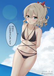 1girl alternate_costume bikini black_bikini blue_eyes blue_sky cloud commentary_request criss-cross_straps dated day drill_hair dutch_angle grey_hair hatakaze_(kancolle) highres horizon kantai_collection leaning_forward lens_flare long_hair looking_at_viewer multi-strapped_bikini_bottom multi-strapped_bikini_top no._vii ocean outdoors ponytail sky solo swimsuit thigh_gap translation_request twitter_username