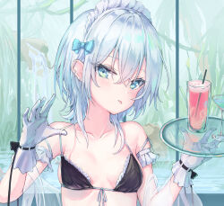 1girl arm_garter bare_shoulders bikini black_bikini blue_bow blue_eyes blush bow breasts breasts_apart cocktail_glass collarbone commentary_request cup day dot_nose drink drinking_glass drinking_straw ear_piercing frilled_bikini frilled_gloves frills front-tie_bikini_top front-tie_top gloves grey_hair hair_between_eyes hair_bow head_tilt holding holding_tray indoors looking_at_viewer maid maid_bikini maid_headdress medium_hair original parted_lips parufeito piercing small_breasts solo string_bikini string_pull swimsuit tongue tongue_out tray unconventional_maid upper_body white_gloves window