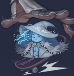 1girl :&lt; :3 blue_hair blue_skin cape chibi colored_skin cracked_skin disembodied_hand extra_arms hat kelvin_hiu mini_person miniature_ranni minigirl ranni_the_witch robe skateboard solo_focus tarnished_(elden_ring) witch_hat