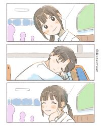 1boy 1girl 2025 3koma 3others artist_name black_eyes black_hair blush brown_hair classroom closed_eyes comic copyright_logo desk head_on_table head_rest highres indoors maekawa_wakaba multiple_others original parted_bangs ponytail school_desk school_uniform shirt silent_comic sleeping smile white_shirt