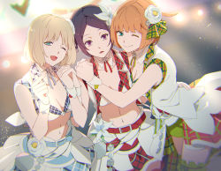 3girls ;) ;d aqua_eyes arm_around_waist belt blonde_hair blue_skirt blurry blurry_background bob_cut breasts cleavage closed_mouth cowboy_shot crop_top cube detached_collar eyelashes flower frilled_thigh_strap green_shorts hair_flaps hair_flower hair_ornament hair_ribbon hand_on_another&#039;s_shoulder head_tilt holding_hands idol interlocked_fingers kitora_ai konami_kirie layered_skirt looking_at_viewer medium_breasts midriff miniskirt multiple_girls nasu_rei navel one_eye_closed open_mouth orange_hair parted_bangs plaid_clothes plaid_skirt purple_eyes red_ribbon red_skirt ribbon short_hair short_sleeves shorts shorts_under_skirt showgirl_skirt skirt skirt_set sleeveless small_breasts smile thigh_strap white_flower white_skirt world_trigger wrist_cuffs yawai_tofu