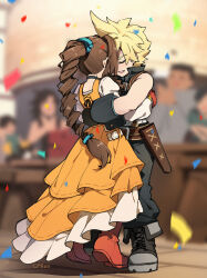 1boy 1girl aerith_gainsborough aerith_gainsborough_(garnet&#039;s_gown) aqua_ribbon artist_name bare_shoulders belt belt_buckle black_choker black_footwear black_pants black_vest blonde_hair blurry blurry_background braid braided_ponytail brown_belt brown_hair buckle cat_princess choker closed_eyes cloud_strife cloud_strife_(zidane&#039;s_outfit) commentary_request confetti cosplay couple derivative_work dress final_fantasy final_fantasy_ix final_fantasy_vii final_fantasy_vii_ever_crisis final_fantasy_vii_remake frilled_dress frills full_body garnet_til_alexandros_xvii garnet_til_alexandros_xvii_(cosplay) gloves hair_tie hetero high-low_dress high-low_skirt highres hug juliet_sleeves lace-up_top long_dress long_hair long_sleeves multiple_belts official_alternate_costume orange_dress pants parted_bangs parted_lips popped_collar puffy_long_sleeves puffy_sleeves red_footwear red_gloves ribbon shirt short_hair sidelocks single_braid smile spiked_hair standing vest wavy_hair white_shirt wrist_cuffs zidane_tribal zidane_tribal_(cosplay)