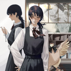 2girls absurdres bird bucky_(chainsaw_man) chainsaw_man chicken commentary cross_scar dress facial_scar fourth_east_high_school_uniform from_side headless highres ivdimension long_hair mitaka_asa multiple_girls pinafore_dress ponytail scar scar_on_cheek scar_on_face school_uniform sleeveless sleeveless_dress yoru_(chainsaw_man)