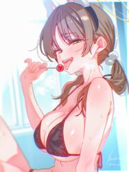 1girl alternate_costume animal_ears bikini black_bikini blue_archive blush breasts brown_hair candy collarbone commentary fake_animal_ears food hair_ornament halo highres holding holding_candy holding_food holding_lollipop itsk_ne large_breasts lollipop looking_at_viewer moe_(blue_archive) pom_pom_(clothes) pom_pom_hair_ornament rabbit_ears signature smile solo string_bikini sweat swimsuit tongue tongue_out twintails twitter_username