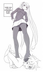 1boy 1girl black_pantyhose blonde_hair blush crotch_seam feet femdom foot_on_head hard-translated hatsune_miku kagamine_len long_hair lying meme monochrome naughty_face no_shoes nude open_mouth panties panties_under_pantyhose pantyhose ribbed_sweater stomping sweater they_had_lots_of_sex_afterwards_(meme) third-party_edit toes translated twintails underwear very_long_hair vocaloid wokada