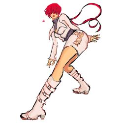 1girl bent_over boots breasts cleavage_cutout clothing_cutout curvy dress female_focus fishnets heart highres long_hair long_sleeves medium_breasts ponytail red_hair riddlemepiss__ shermie_(kof) skirt standing the_king_of_fighters thick_lips thighs twintails wide_hips
