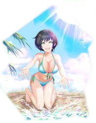Rule 34 | 1girl, absurdres, barefoot, beach, bikini, black hair, blue sky, cinderella series, cloud, day, front-tie bikini top, front-tie top, full body, green eyes, hachigatsu no cinderella nine, highres, horizon, kawakita tomoe, kneeling, ocean, outdoors, short hair, side-tie bikini bottom, sky, splashing, sting aniki, sun, swimsuit